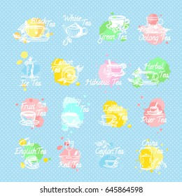 Vector set of hand drawn elements for design. Hand drawn labels, signs, emblems for black, oolong, white, green, ice, lemon, herbal, puerh, English, indian, china tea package. Watercolor style blobs
