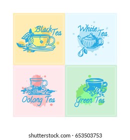 Vector set of hand drawn elements for design. Hand drawn labels, emblems for black, oolong, white, green tea package. Square stickers