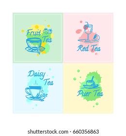 Vector set of hand drawn elements for design. Hand drawn labels, signs, emblems for puerh, daisy, indian, fruit tea package. Square stickers