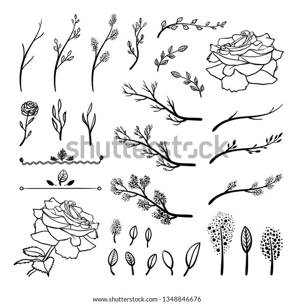 Vector Set\
of Hand Drawn Elements, Spring Twigs, Sprouts, Leaves, Flowers,\
Black Drawings Isolated on White\
Background.