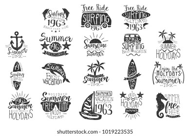 Vector set with hand drawn emblems for summer vacation. Monochrome dolphins, sunglasses, surfboard, van, anchor, sun, palms, seahorse, boat and sea stars with lettering