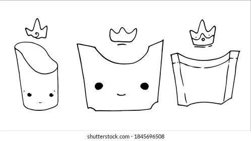 vector set of hand drawn empty packages of street food fast food in the style of Doodle animated with small crowns and eyes and a mouth in a smile
