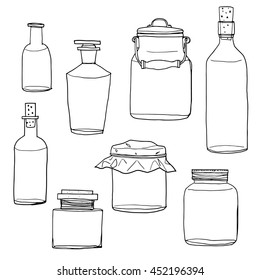 vector set of  hand drawn empty jars and bottles vintage line art cute illustration