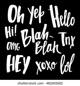 Vector Set of Hand Drawn Exclamation Words. Handwritten Short Phrases for Communication. Chat Slang Quote.