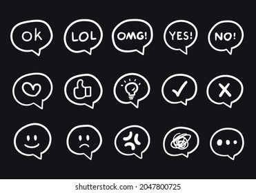 Vector set of hand drawn expression speech bubbles outline stroke with wording and symbol.