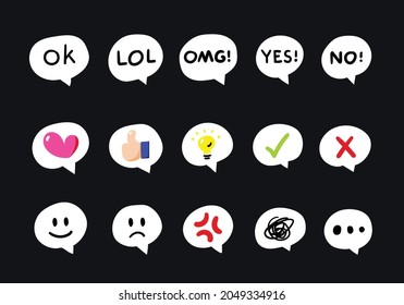 Vector set of hand drawn expression speech bubbles with wordings and symbols on black background.