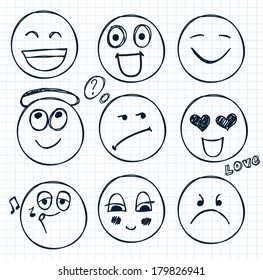 vector set of hand drawn faces, smiles, moods isolated