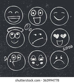 vector set of hand drawn faces, moods. White illustration on blackboard background