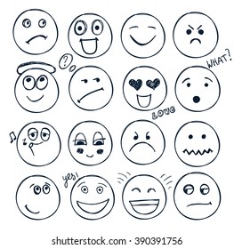 vector set of hand drawn faces, moods isolated. Doodle, collection