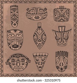 Vector set of hand drawn fancy masks in african style. Tribal ethnic collection