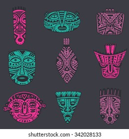 Vector set of hand drawn fancy masks in african style. Tribal ethnic collection.