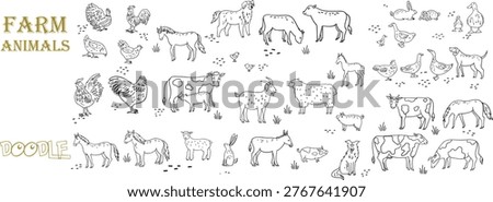 Vector Set of Hand Drawn Farm Animals and Domestic Livestock Doodle Illustrations