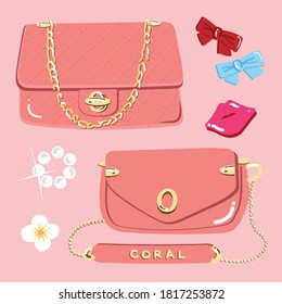 Vector set of hand drawn fashion lifestyle - pink clutch, blue and red ribbon, lip, pink bag, daisy - stylish doodles.