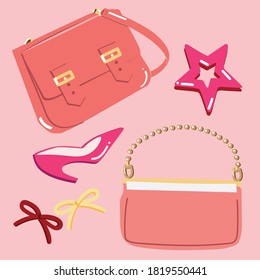 Vector set of hand drawn fashion lifestyle - pink bag, pink clutch, star hair clip, high heel, red and yellow ribbon - stylish doodles.