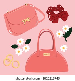 Vector set of hand drawn fashion lifestyle - pink bag, pink clutch, star hair clip, high heel, red and yellow ribbon - stylish doodles.