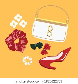 Vector set of hand drawn fashion lifestyle - clutch, high heels, daisy, red and green ribbon, earrings, scrunchies - stylish doodles.
