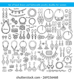 Vector set of hand drawn and fashionable jewelry doodles for women on white background. Sketches for use in design