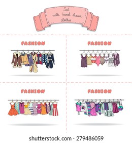 Vector set with hand drawn fashionable clothes on hangers on white background. Set of lingerie, summer clothes, outerwear for women. Background for use in design, web site, packing, textile, fabric