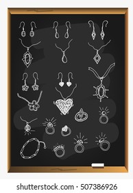 Vector set of hand drawn and fashionable jewelry doodles for women on blackboard background. Sketches for use in design.