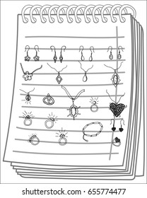 Vector set of hand drawn and fashionable jewelry doodles for women on notebook background. Sketches for use in design.