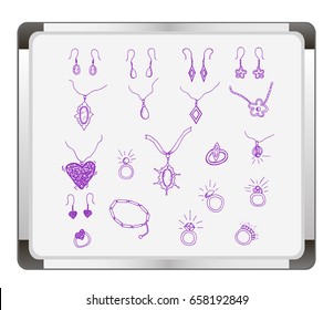 Vector set of hand drawn and fashionable jewelry doodles for women on flip chart background. Sketches for use in design.