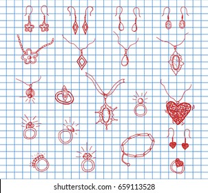 Vektorset von handgezeichneten und modischen Schmuckdoodles für Frauen auf Copybook-Hintergrund. Skizzen für die Verwendung im Design.