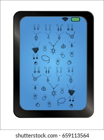 Vector set of hand drawn and fashionable jewelry doodles for women on  background plate. Sketches for use in design.