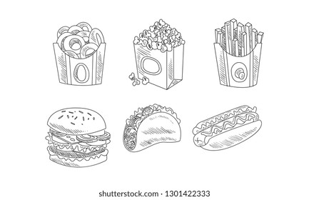 Vector set of hand drawn fast food icons. Bagels, popcorn, french fries, burger, tacos and hot dog