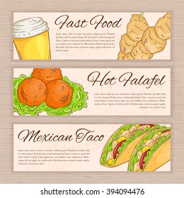 vector set of hand drawn fast food banners with falafel, taco, soda water and souwlaki.