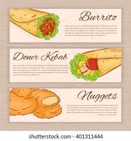 vector set of hand drawn fast food banners with donner kebab, nuggets and burrito.