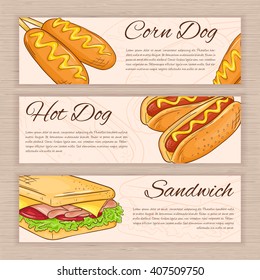 vector set of hand drawn fast food banners with corn dog, hot dog and sandwich.