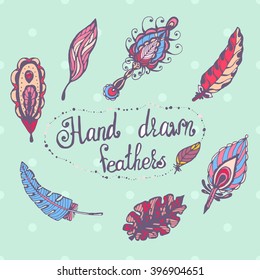 Vector set of hand drawn feathers. Boho style packaging elements. Tattoo sketching. Cute summer design objects. Vintage nature.