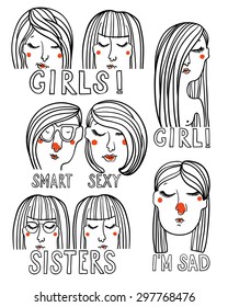 vector set of hand drawn female faces
