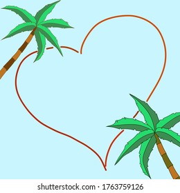 Vector set: hand drawn, with a fill. Two palm trees on a blue background, heart frame. Greeting card, banner.