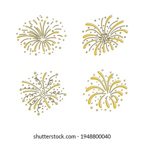 Vector Set of Hand Drawn Firework Explosions Isolated on White Background, Doodle Colorful Fireworks, Celebration Concept.