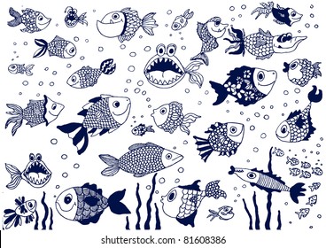 vector set of hand drawn fish icons