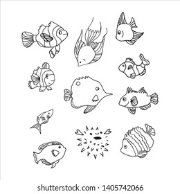 Vector set of hand drawn fishes.