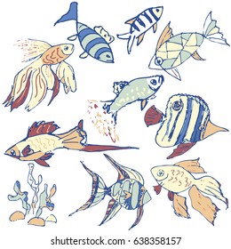 Vector set of hand drawn fishes sketch. Design elements.