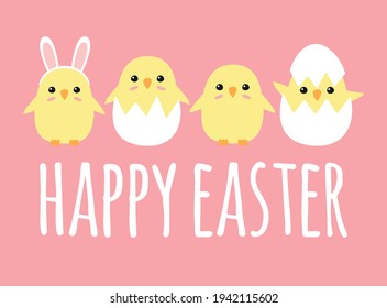 Vector set of hand drawn flat doodle easter chicks and happy easter lettering isolated on pink background