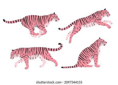 Vector set of hand drawn flat pink tigers isolated on white background