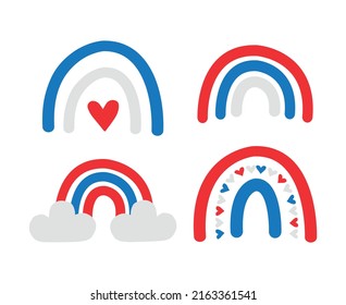 Vector set of hand drawn flat American USA flag rainbow isolated on white background