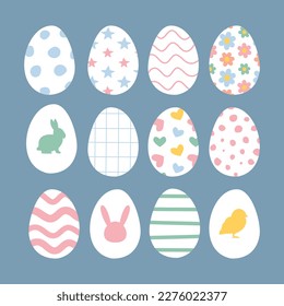 Vector set of hand drawn flat Easter egg isolated on blue background