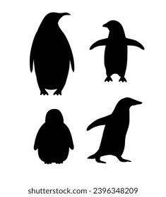 Vector set of hand drawn flat penguin silhouette isolated on white background