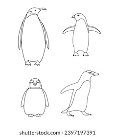 Vector set of hand drawn flat penguin isolated on white background