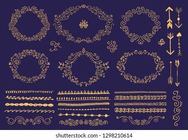 Vector set of hand drawn floral frames, dividers, laurels, arrows. Doodle hand drawn style, decoration design for cards, wedding invitations, etc. 