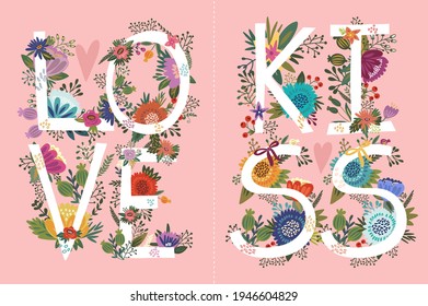 Vector set of hand drawn floral cards with letters Love and kiss. Beautiful vintage greeting cards. Vector cards combo.