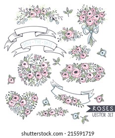 vector set of hand drawn floral elements and ribbons