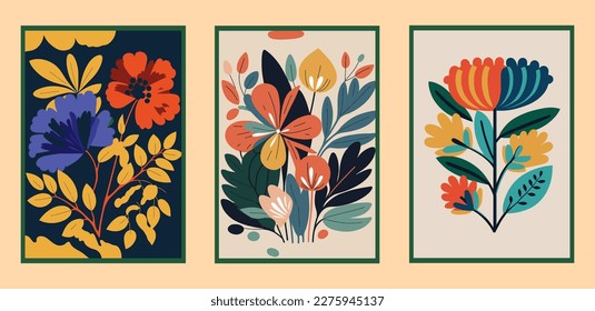 Conjunto vectorial de composiciones florales dibujadas a mano en colores pastel. Estilo escandinavo. Estilo de color plano