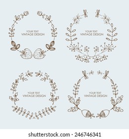 Vector set: hand drawn floral wreath. 