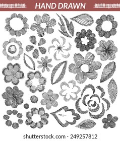 Vector set of hand drawn floral elements. Isolated objects, made with strokes by ink pen. Editable, monochromatic. 
